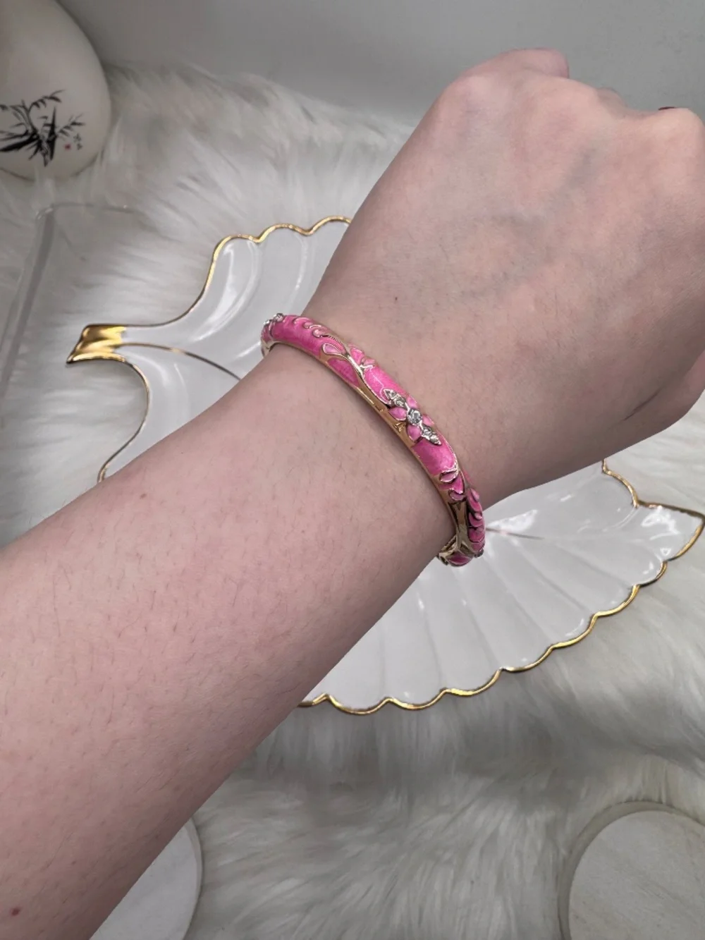 Pink Enamel Gold-Tone Floral Cloisonne Bangle Bracelet - Picture 4 of 6